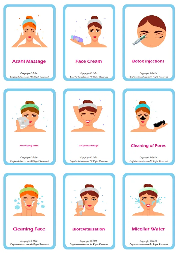 Facial Care vocabulary worksheet with words, nine images per page Worksheet Preview