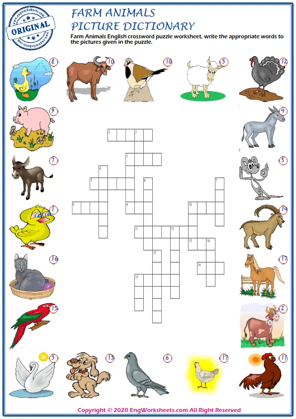 Farm Animals English crossword puzzle worksheet, write the appropriate words to the pictures given in the puzzle.
