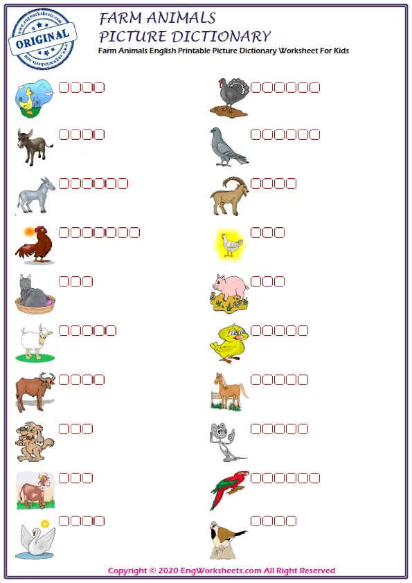 Farm Animals English Printable Picture Dictionary Worksheet For Kids Worksheet Preview