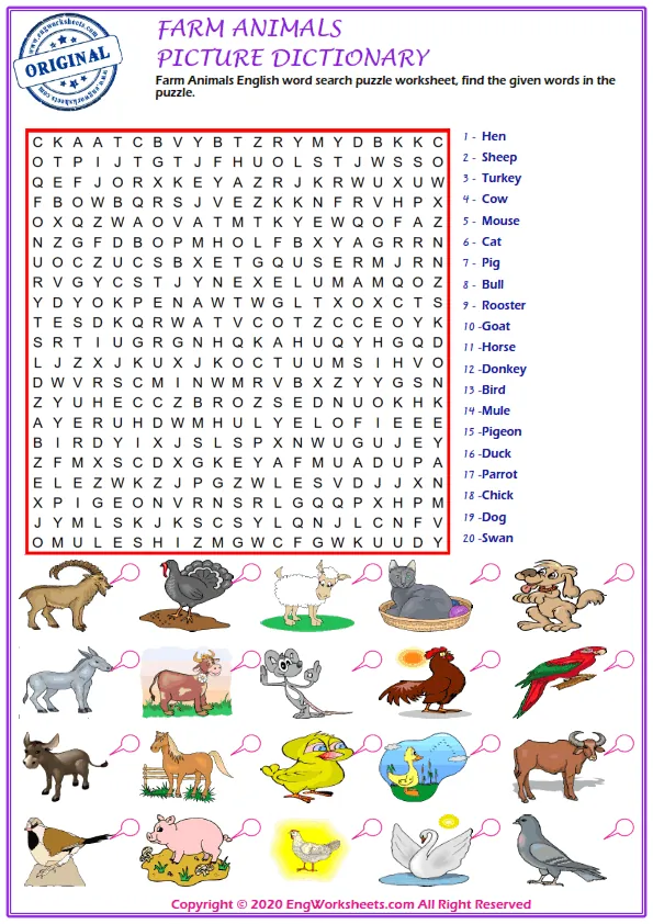Farm Animals English word search puzzle worksheet, find the given words in the puzzle.