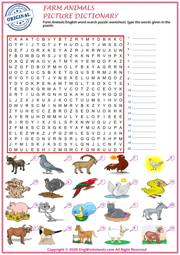 Farm Animals English word search puzzle worksheet, type the words given in the puzzle.
