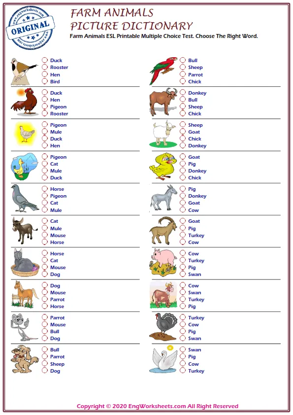 Farm Animals ESL Printable Multiple Choice Test. Choose The Right Word. Worksheet Preview