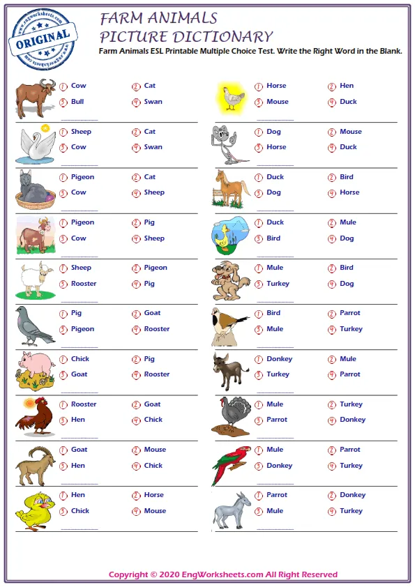 Farm Animals ESL Printable Multiple Choice Test. Write the Right Word in the Blank. Worksheet Preview