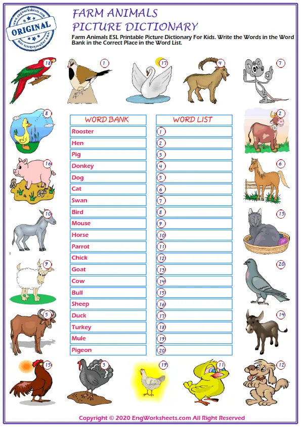 Farm Animals ESL Printable Picture Dictionary For Kids. Write the Words in the Word Bank in the Correct Place in the Word List. Worksheet Preview