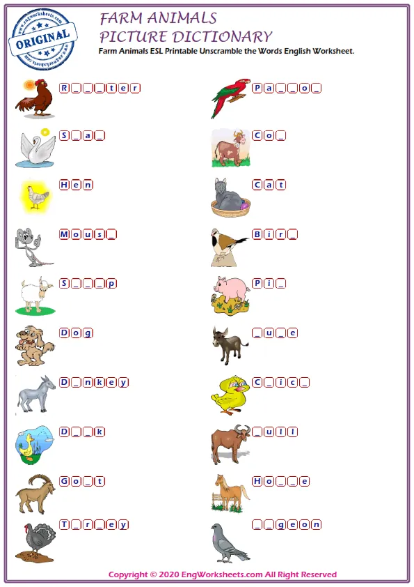 Farm Animals ESL Printable Unscramble the Words English Worksheet. Worksheet Preview