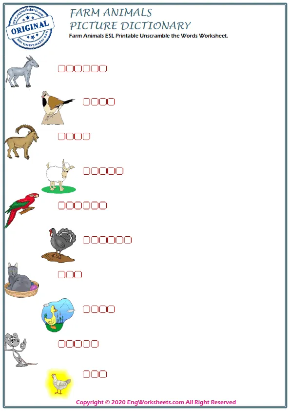 Farm Animals ESL Printable Unscramble the Words Worksheet. Worksheet Preview