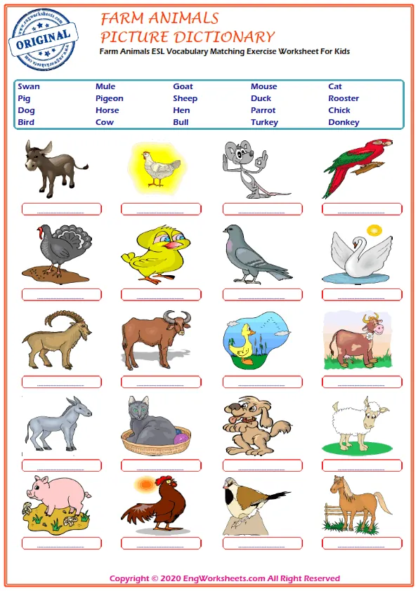Farm Animals ESL Vocabulary Matching Exercise Worksheet For Kids
