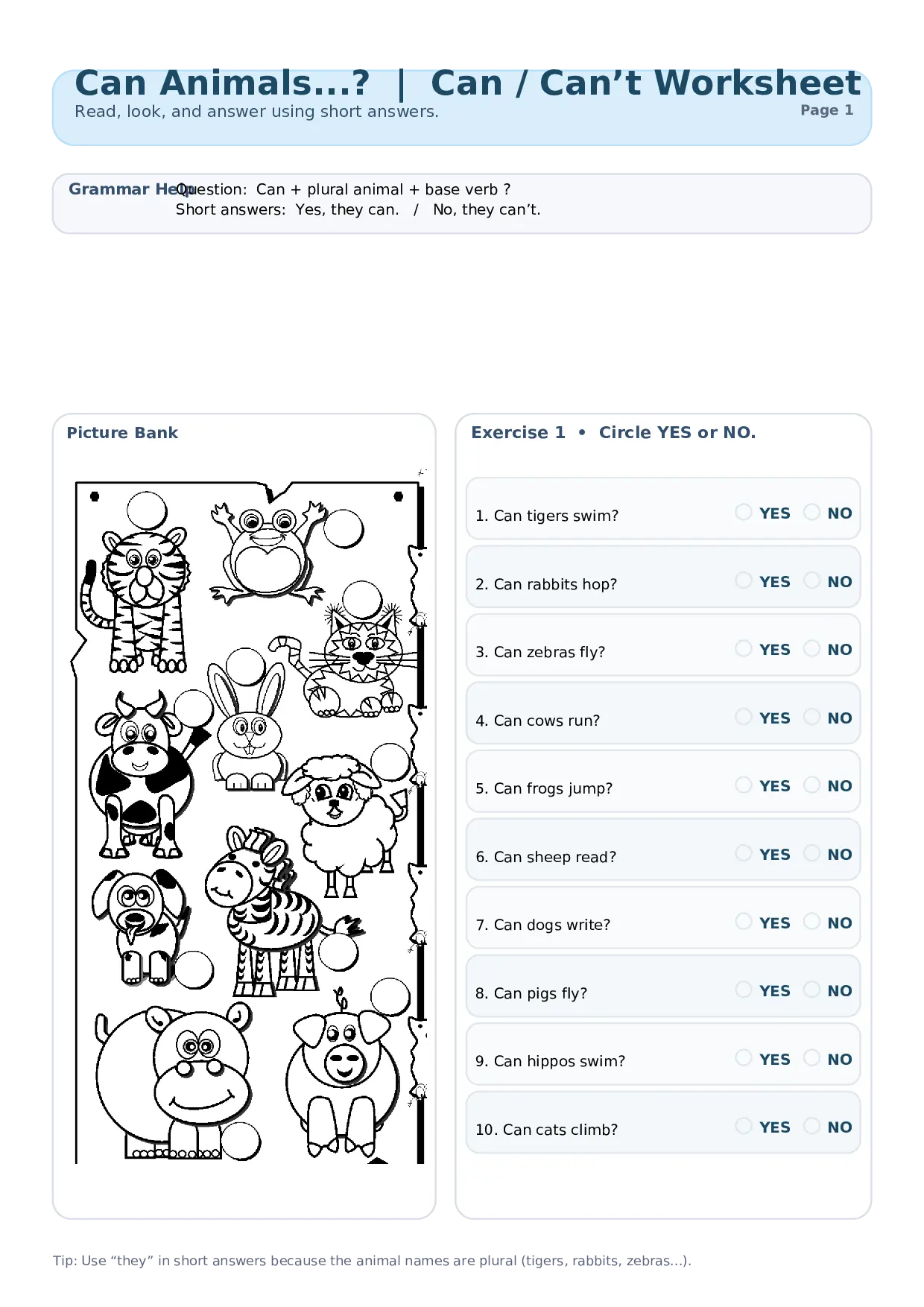 Can Animals...? | Can / Can’t Worksheet Worksheet Preview