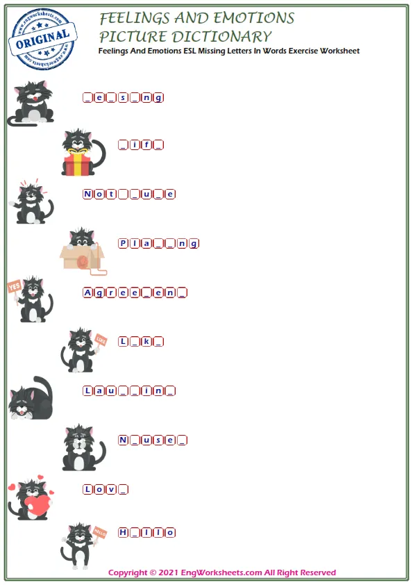 Feelings And Emotions ESL Missing Letters In Words Exercise Worksheet Worksheet Preview