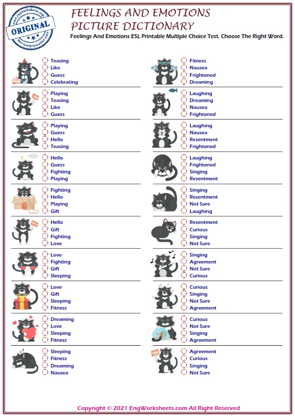 Feelings And Emotions ESL Printable Multiple Choice Test. Choose The Right Word. Worksheet Preview