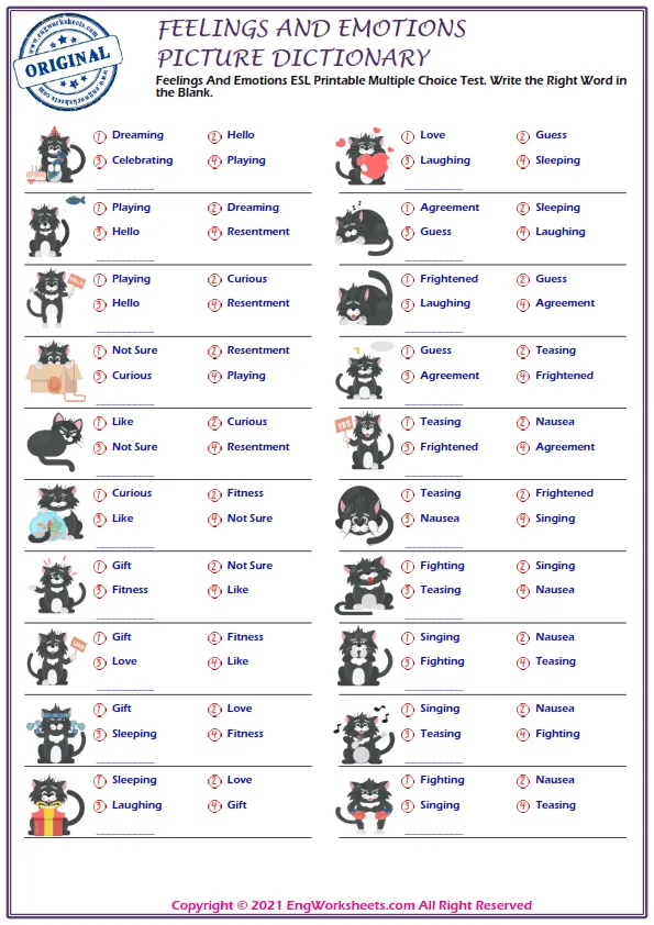 Feelings And Emotions ESL Printable Multiple Choice Test. Write the Right Word in the Blank. Worksheet Preview