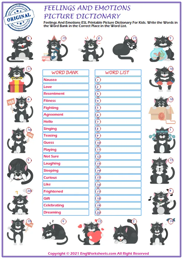 Feelings And Emotions ESL Printable Picture Dictionary For Kids. Write the Words in the Word Bank in the Correct Place in the Word List. Worksheet Preview