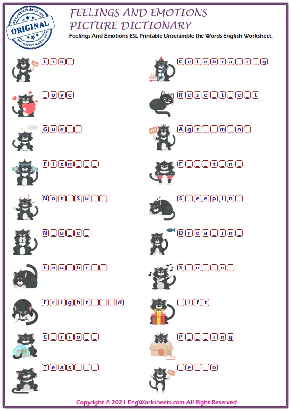 Feelings And Emotions ESL Printable Unscramble the Words English Worksheet. Worksheet Preview