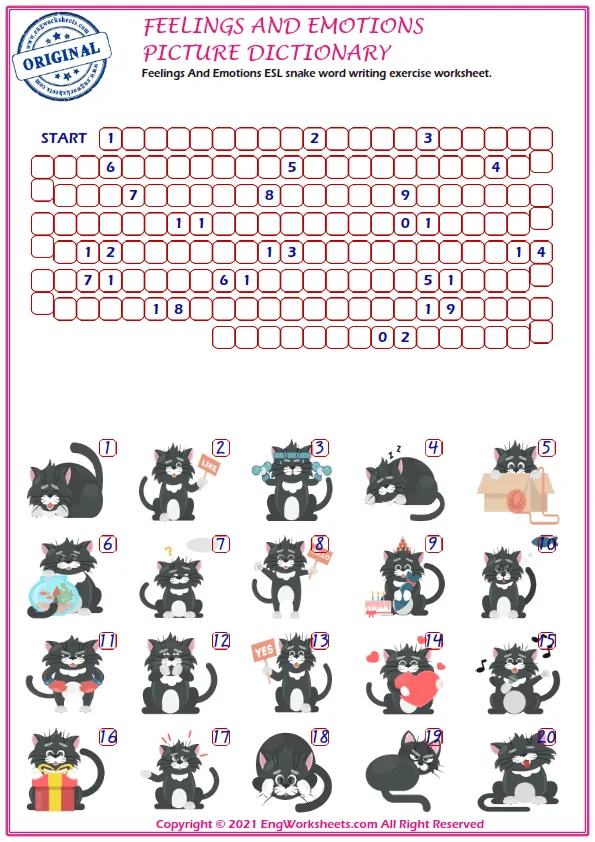 Feelings And Emotions ESL snake word writing exercise worksheet. Worksheet Preview