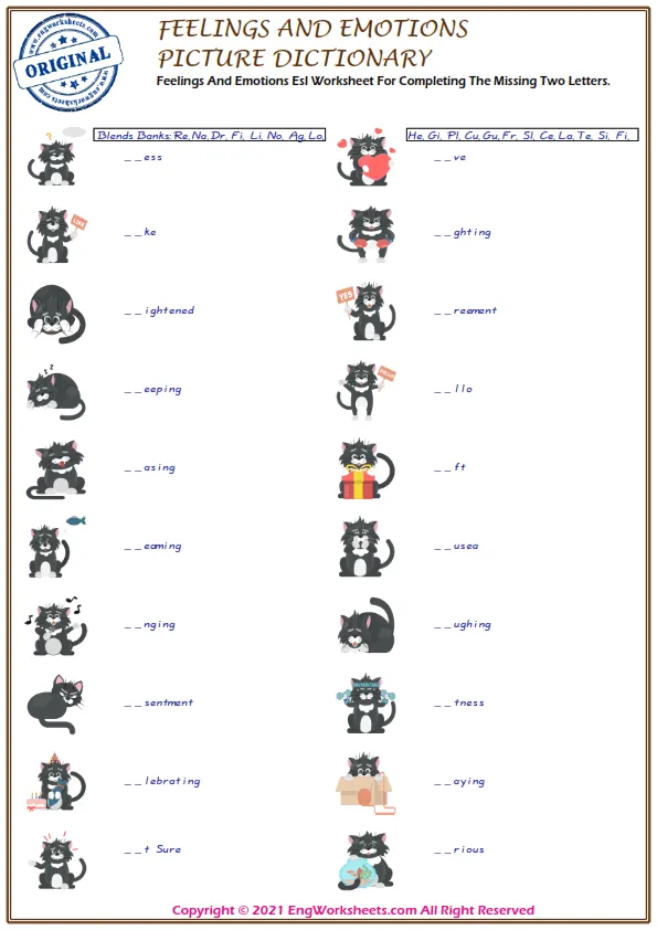Feelings And Emotions Esl Worksheet For Completing The Missing Two Letters. Worksheet Preview