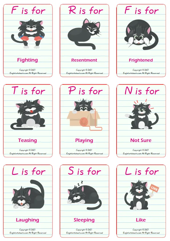 Feelings And Emotions vocabulary worksheet with words, nine images per page Worksheet Preview