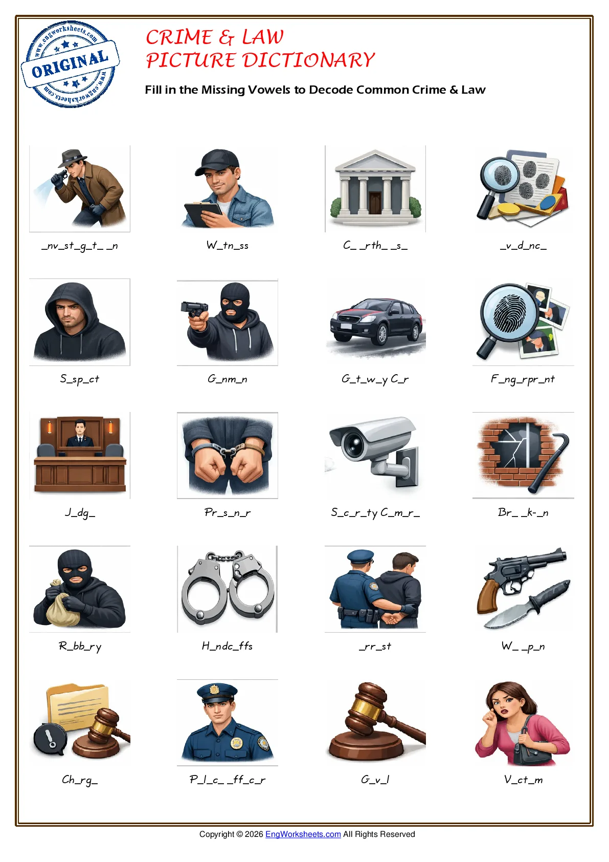 Fill in the Missing Vowels to Decode Common Crime & Law Worksheet Preview