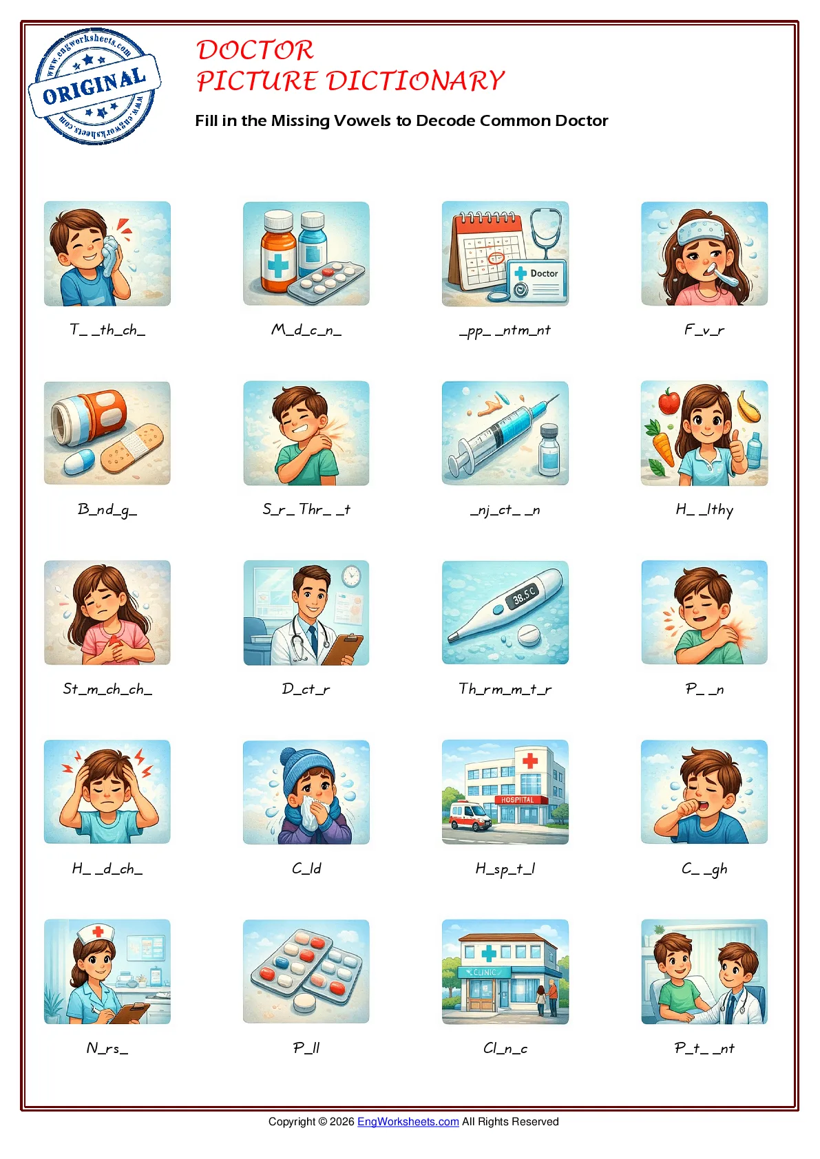 Fill in the Missing Vowels to Decode Common Doctor Worksheet Preview