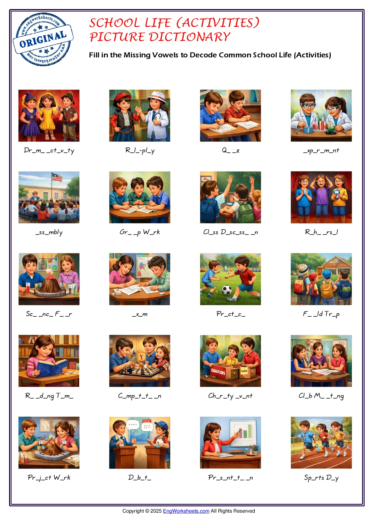 Fill in the Missing Vowels to Decode Common School Life (Activities) Worksheet Preview