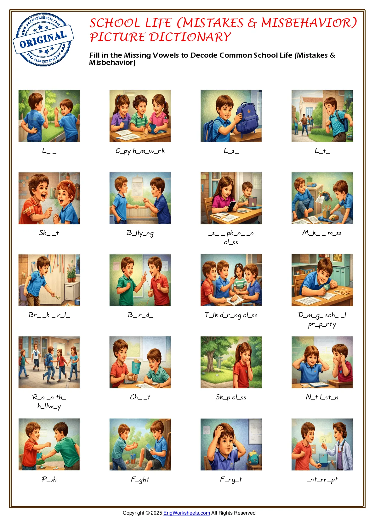 Fill in the Missing Vowels to Decode Common School Life (Mistakes & Misbehavior) Worksheet Preview