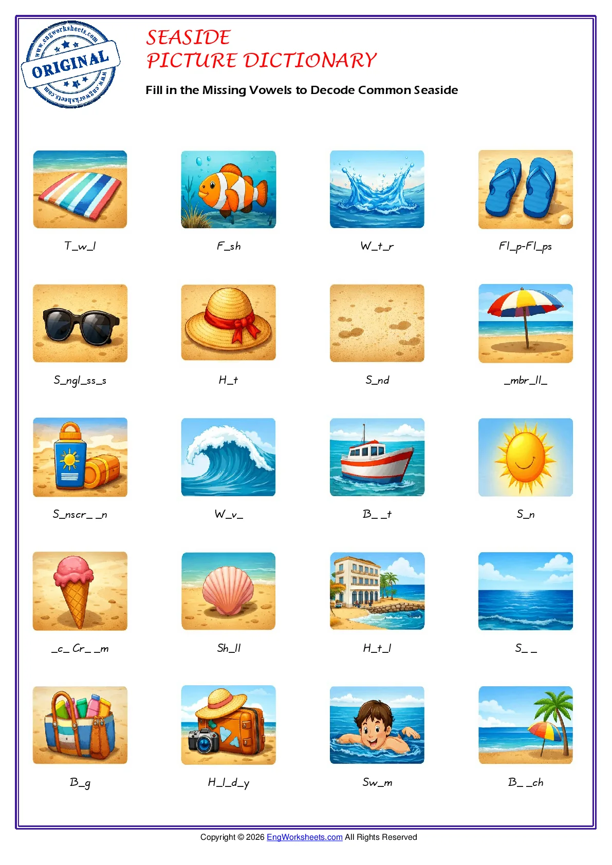 Fill in the Missing Vowels to Decode Common Seaside Worksheet Preview
