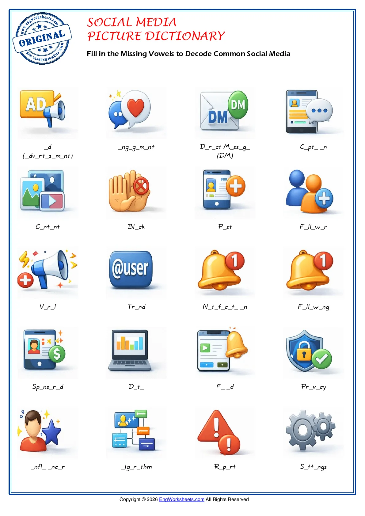 Fill in the Missing Vowels to Decode Common Social Media Worksheet Preview