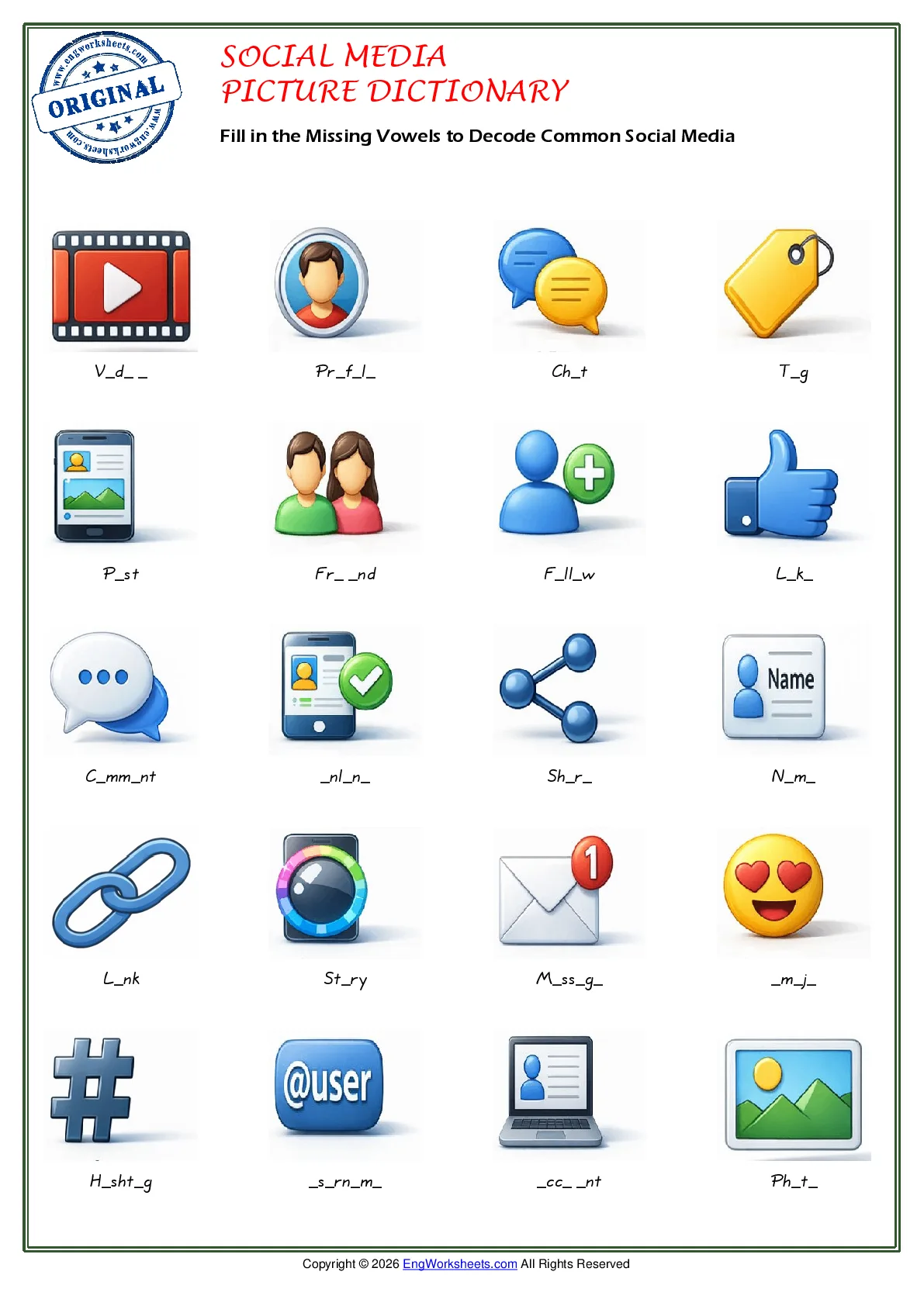 Fill in the Missing Vowels to Decode Common Social Media Worksheet Preview