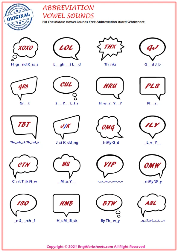 Fill The Middle Vowel Sounds Free Abbreviation Word Worksheet Worksheet Preview