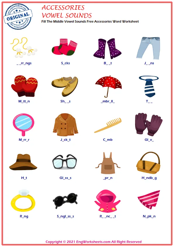 Fill The Middle Vowel Sounds Free Accessories Word Worksheet Worksheet Preview