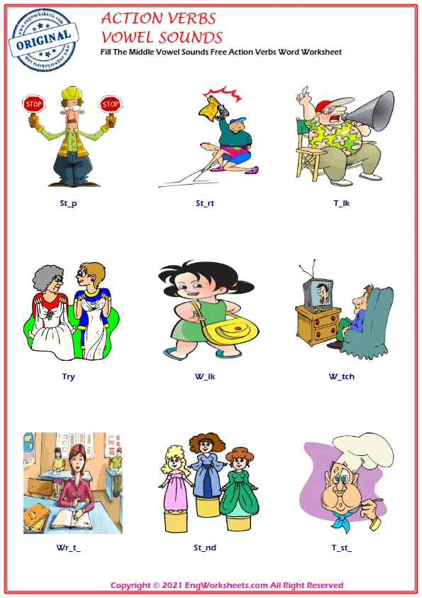 Fill The Middle Vowel Sounds Free Action Verbs Word Worksheet Worksheet Preview