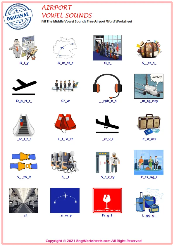Fill The Middle Vowel Sounds Free Airport Word Worksheet