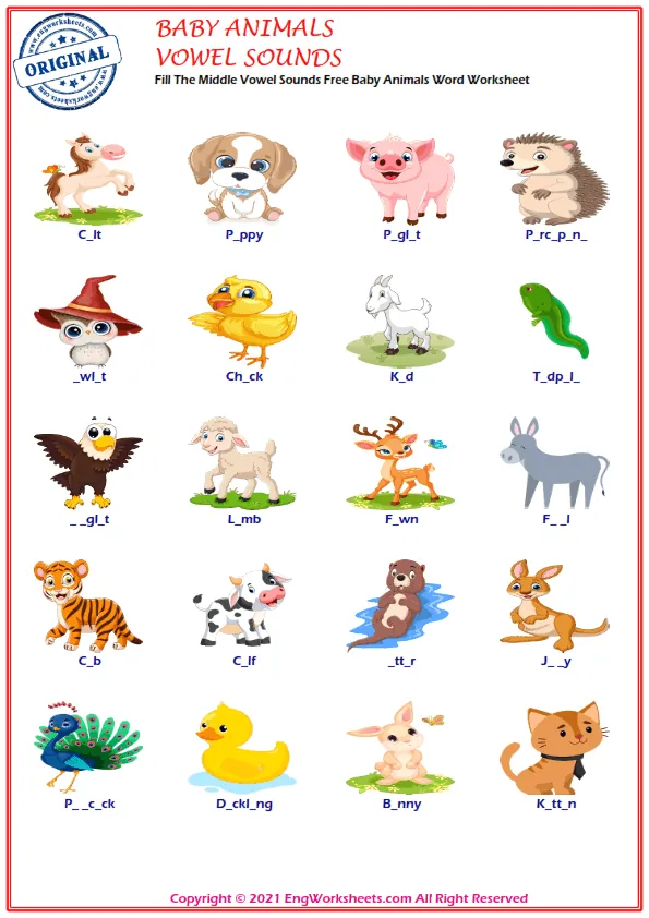Fill The Middle Vowel Sounds Free Baby Animals Word Worksheet Worksheet Preview