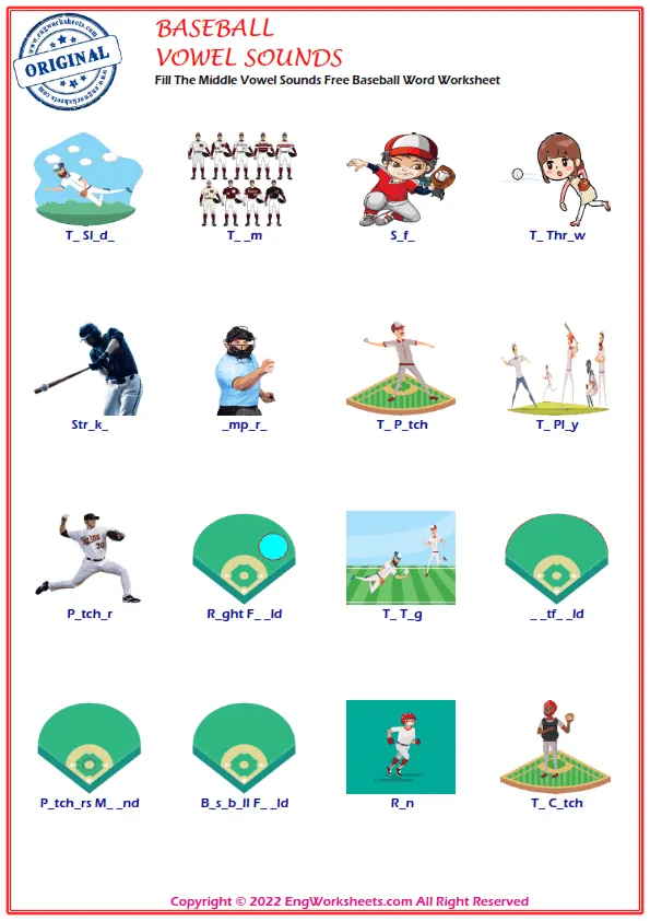 Fill The Middle Vowel Sounds Free Baseball Word Worksheet Worksheet Preview