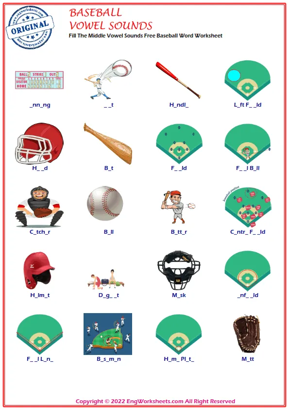 Fill The Middle Vowel Sounds Free Baseball Word Worksheet Worksheet Preview