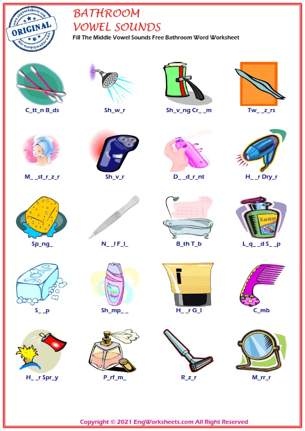 Fill The Middle Vowel Sounds Free Bathroom Word Worksheet Worksheet Preview