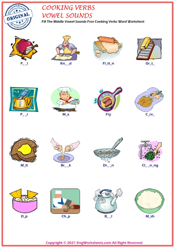 Fill The Middle Vowel Sounds Free Cooking Verbs Word Worksheet Worksheet Preview