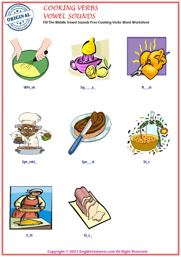 Fill The Middle Vowel Sounds Free Cooking Verbs Word Worksheet Worksheet Preview