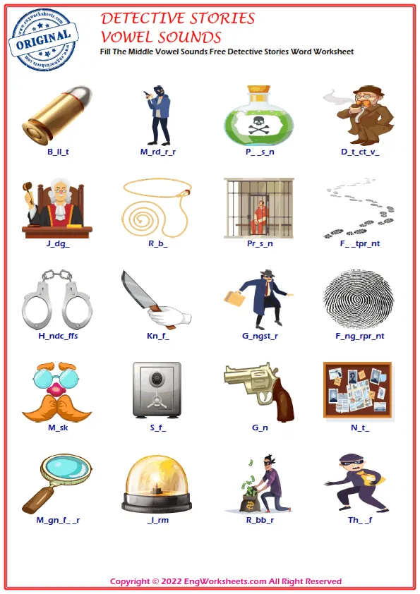 Fill The Middle Vowel Sounds Free Detective Stories Word Worksheet Worksheet Preview