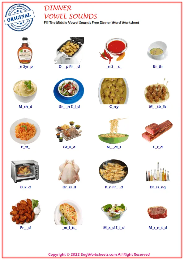 Fill The Middle Vowel Sounds Free Dinner Word Worksheet Worksheet Preview