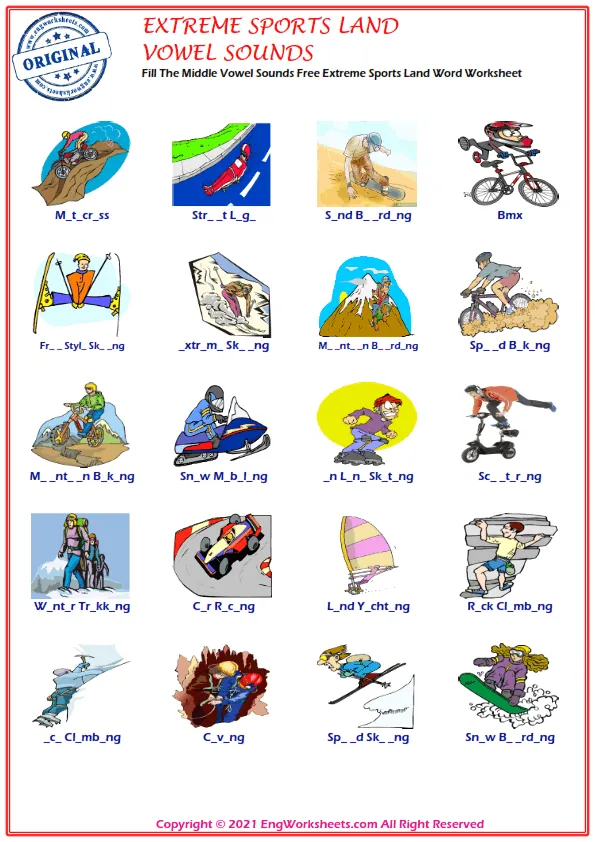 Fill The Middle Vowel Sounds Free Extreme Sports Land Word Worksheet Worksheet Preview