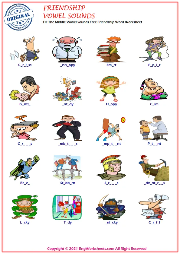 Fill The Middle Vowel Sounds Free Friendship Word Worksheet Worksheet Preview