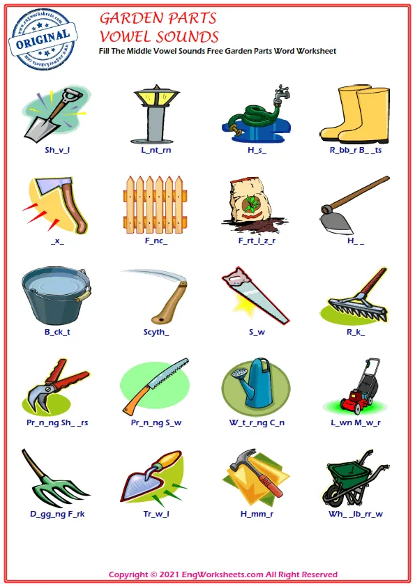 Fill The Middle Vowel Sounds Free Garden Parts Word Worksheet