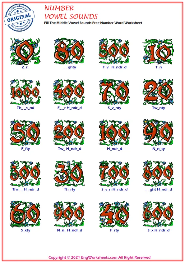 Fill The Middle Vowel Sounds Free Number Word Worksheet Worksheet Preview