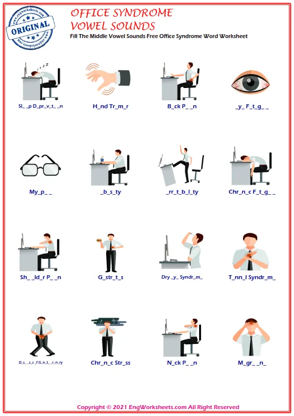 Fill The Middle Vowel Sounds Free Office Syndrome Word Worksheet Worksheet Preview