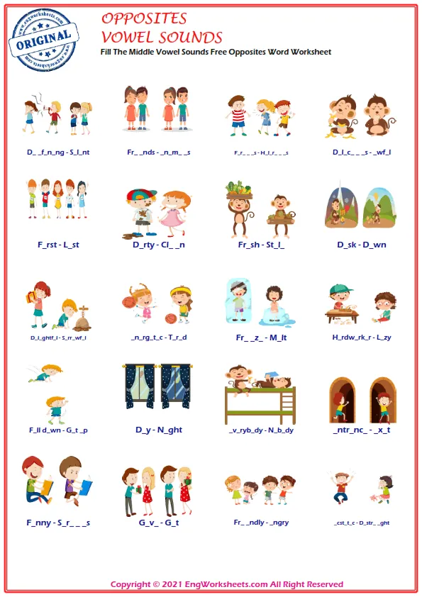 Fill The Middle Vowel Sounds Free Opposites Word Worksheet Worksheet Preview