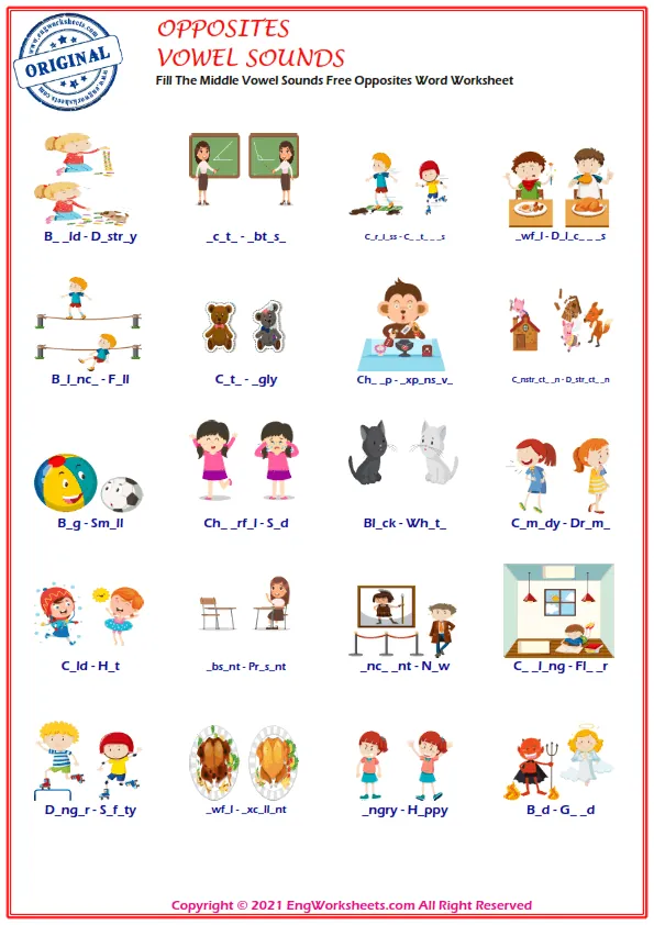 Fill The Middle Vowel Sounds Free Opposites Word Worksheet Worksheet Preview