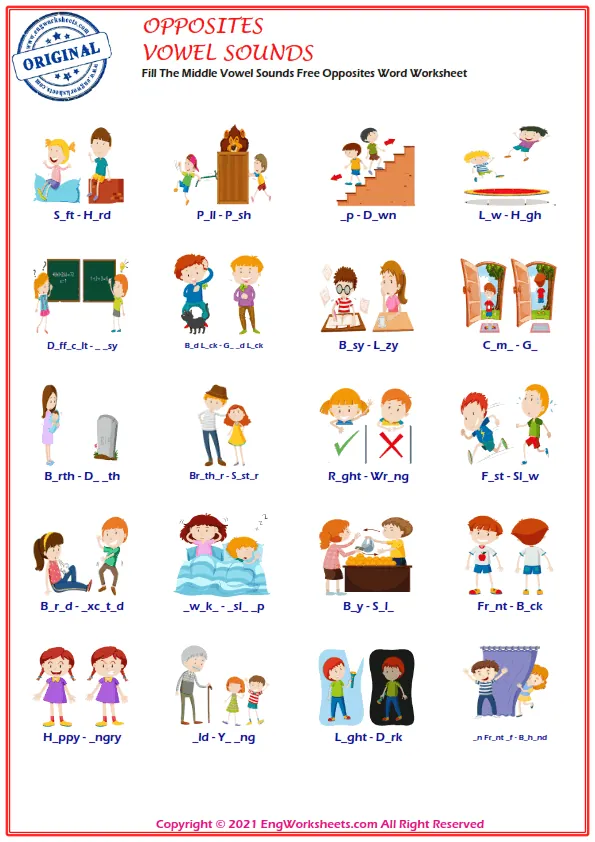 Fill The Middle Vowel Sounds Free Opposites Word Worksheet Worksheet Preview