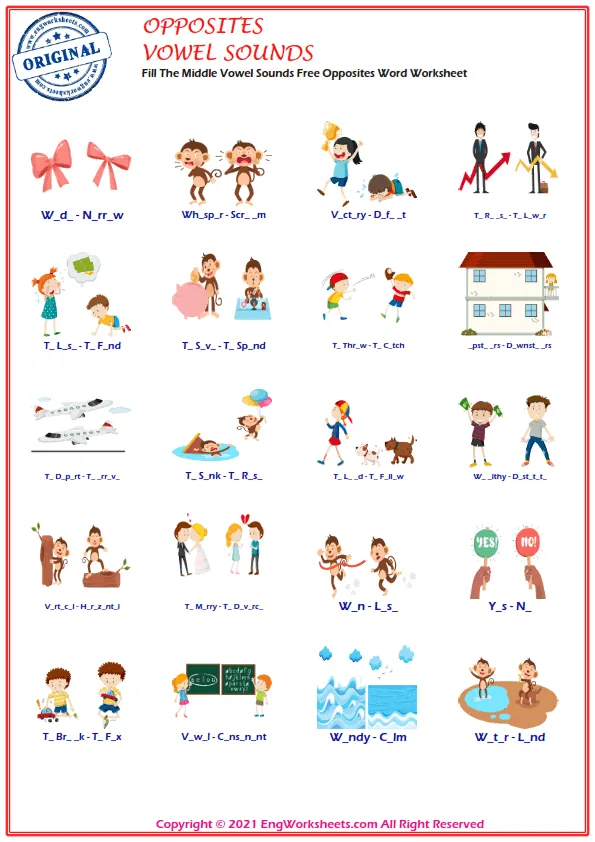 Fill The Middle Vowel Sounds Free Opposites Word Worksheet Worksheet Preview