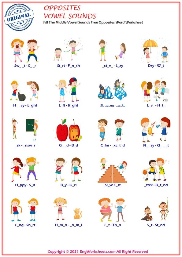 Fill The Middle Vowel Sounds Free Opposites Word Worksheet Worksheet Preview