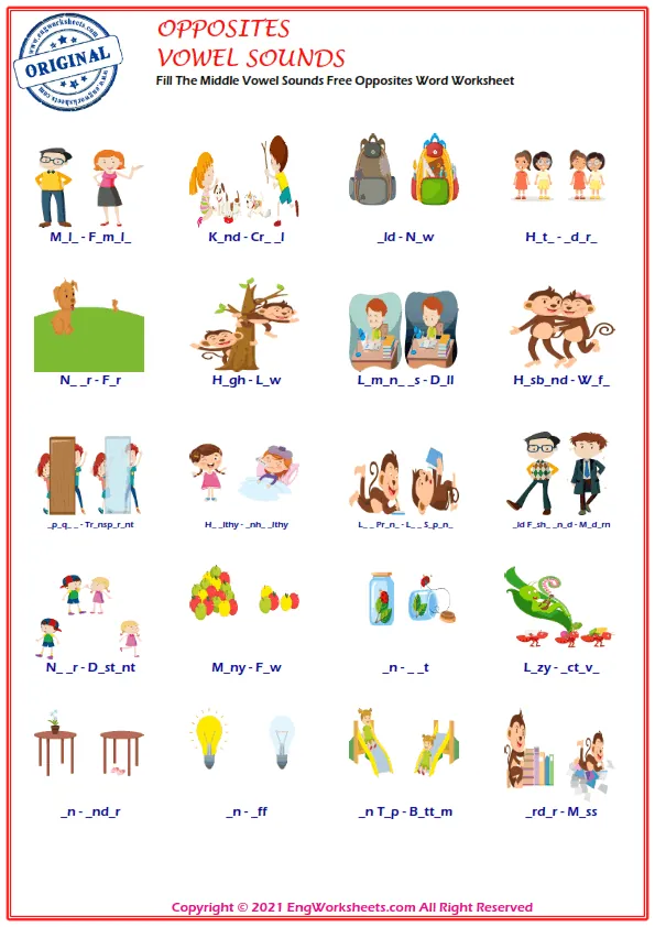 Fill The Middle Vowel Sounds Free Opposites Word Worksheet Worksheet Preview